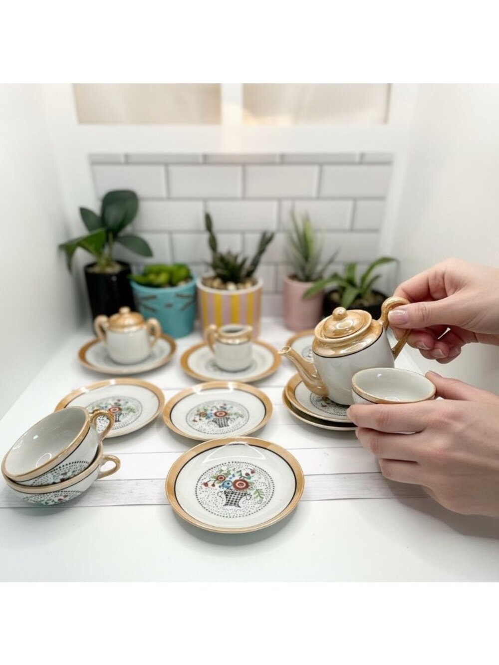 Vintage Japanese Miniature Japan Peach Lusterware Tea Set 16 Pieces